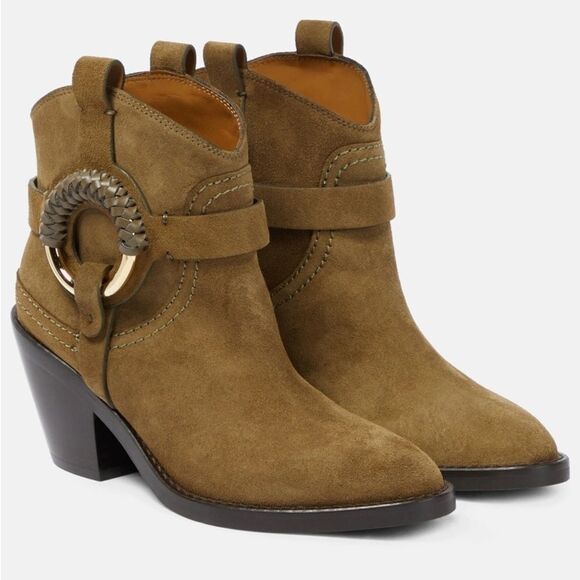 NWOB See by Chloe Hanna Hana Leather O Ring Booties in Military Green 38 / 8 - Picture 1 of 12